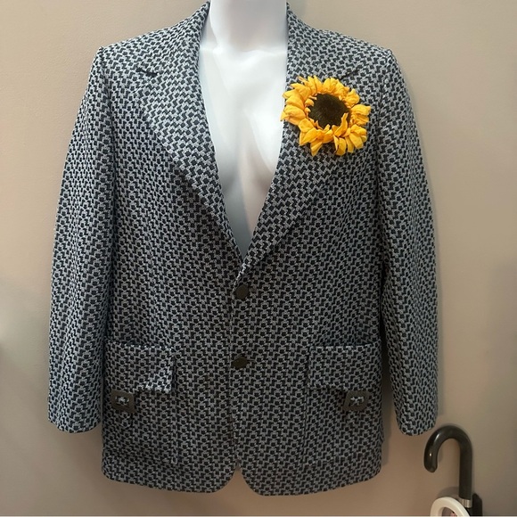 Stylish Blue Professional Blazer with Sunflower Pin VTG JCPENNEY Towncraft - Picture 1 of 4